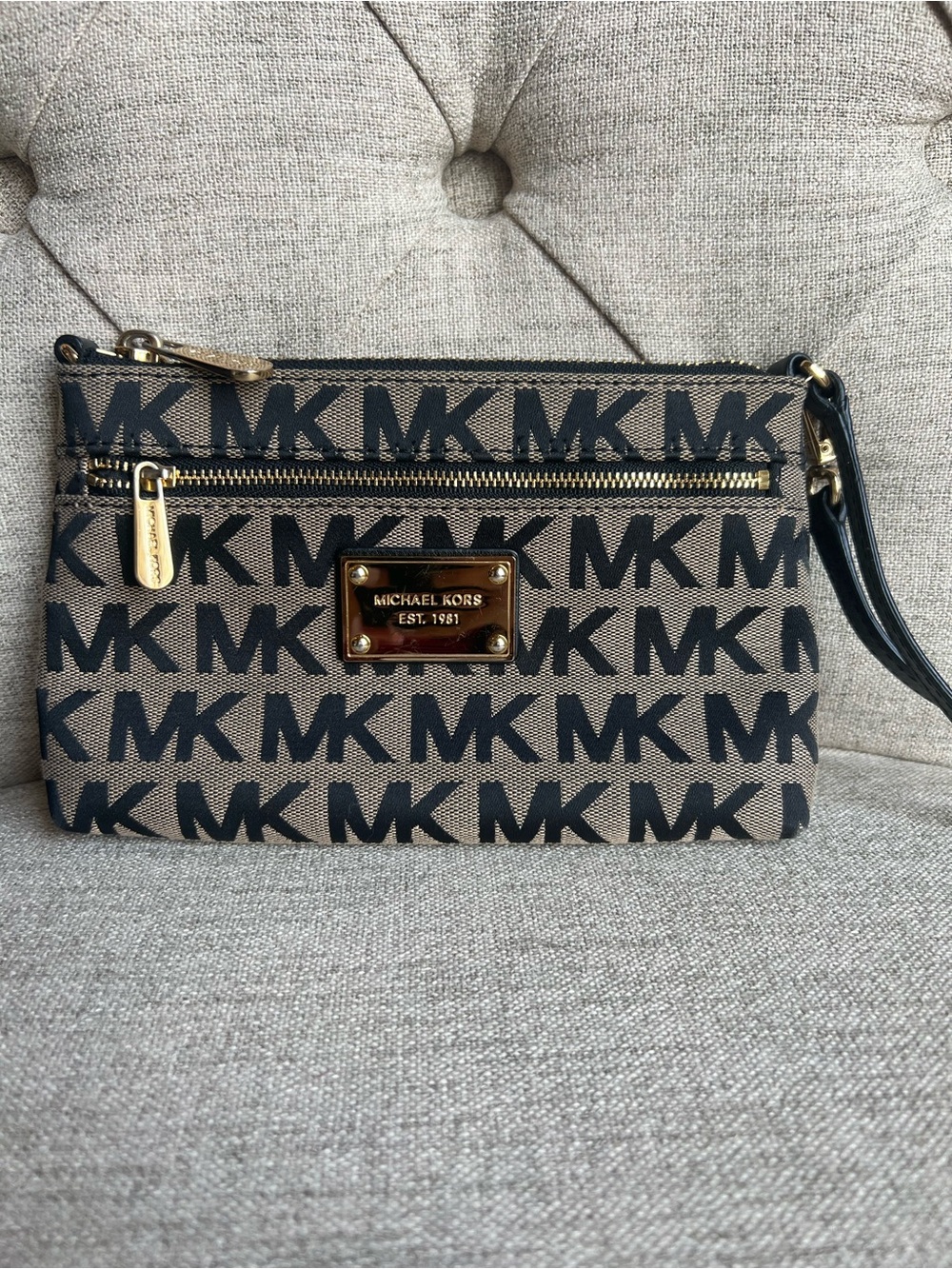 Michael Kors Tan and Black MK Logo Wristlet with Gold Plate